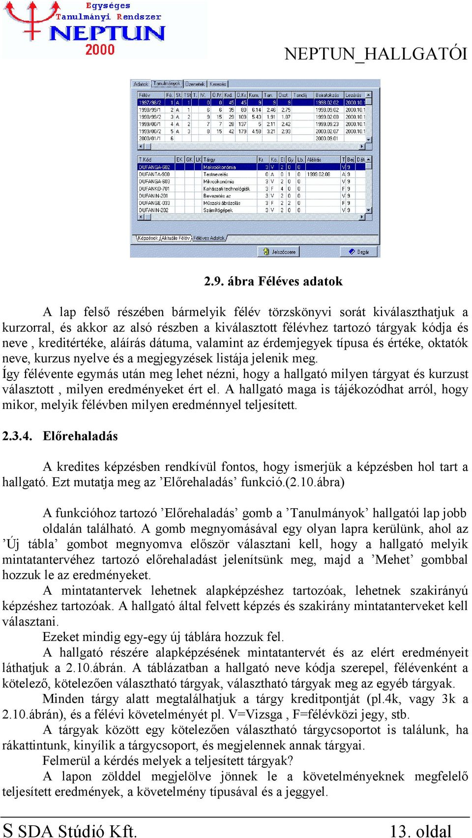 Így félévente egymás után meg lehet nézni, hogy a hallgató milyen tárgyat és kurzust választott, milyen eredményeket ért el.