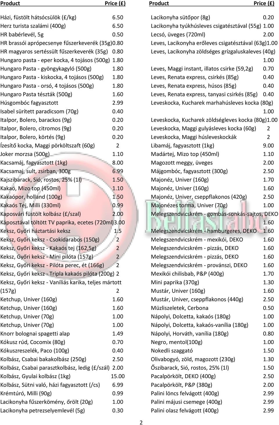 80 Hungaro Pasta tészták (500g) 1.60 Húsgombóc fagyasztott 2.99 Isabel sürített paradicsom (70g) 0.40 Italpor, Bolero, barackos (9g) 0.20 Italpor, Bolero, citromos (9g) 0.