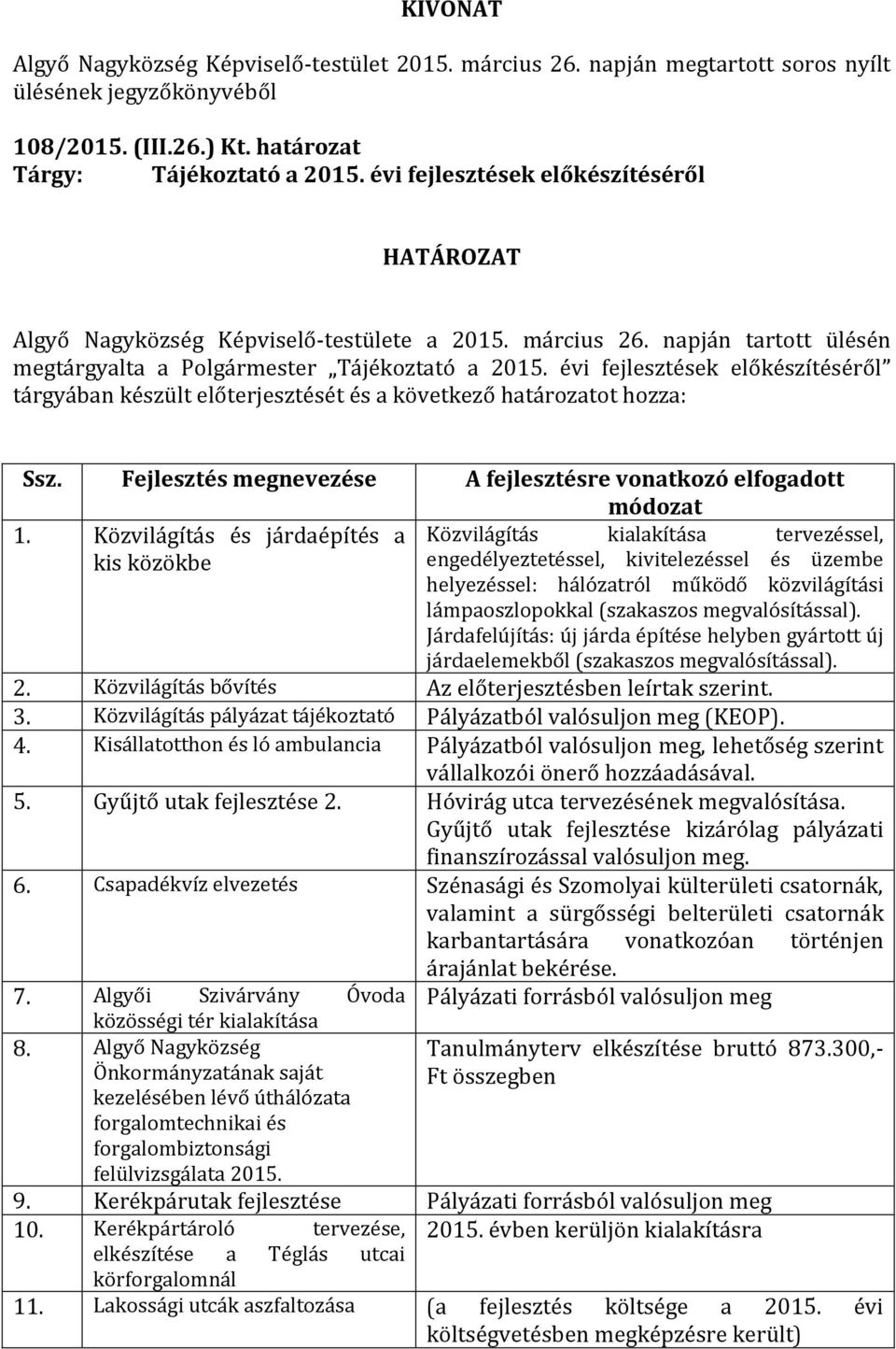 Fejlesztés megnevezése A fejlesztésre vonatkozó elfogadott módozat 1.