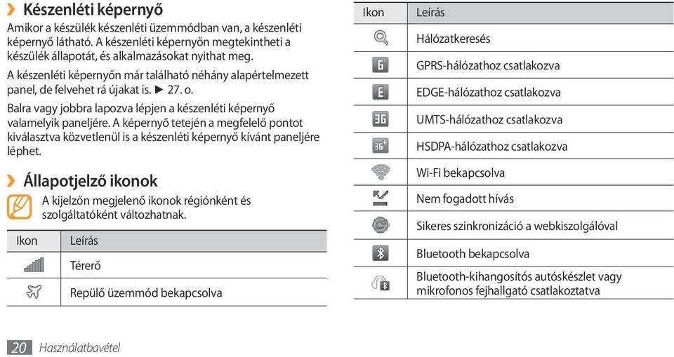 A képernyő tetején a megfelelő pontot kiválasztva közvetlenül is a készenléti képernyő kívánt paneljére léphet.