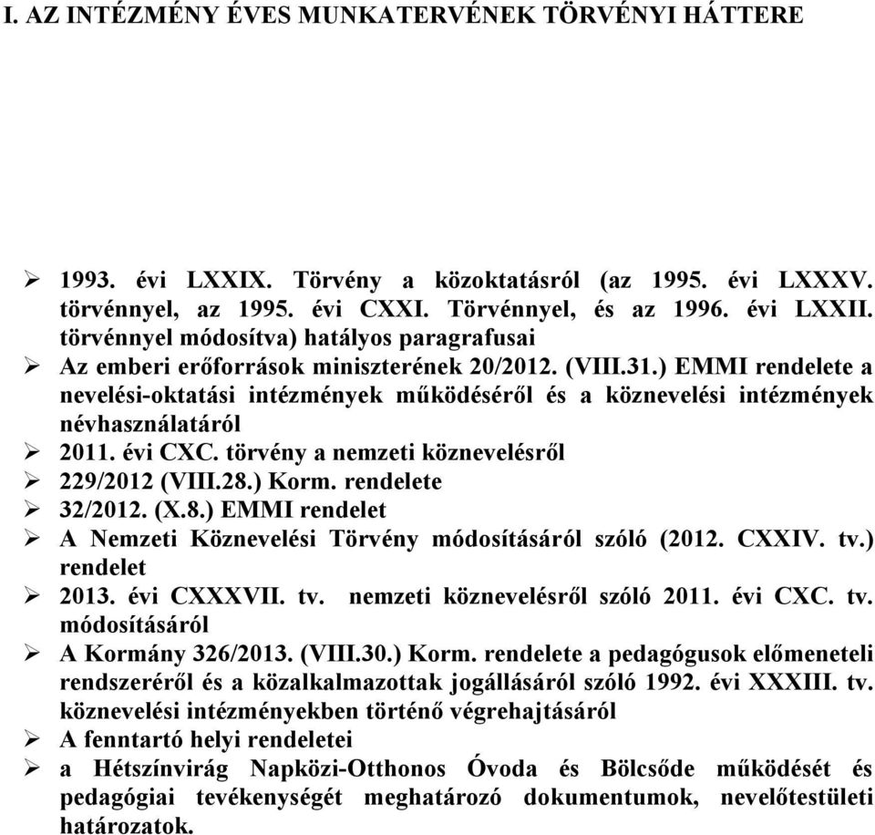 ) EMMI rendelete a nevelési-oktatási intézmények működéséről és a köznevelési intézmények névhasználatáról 2011. évi CXC. törvény a nemzeti köznevelésről 229/2012 (VIII.28.) Korm. rendelete 32/2012.