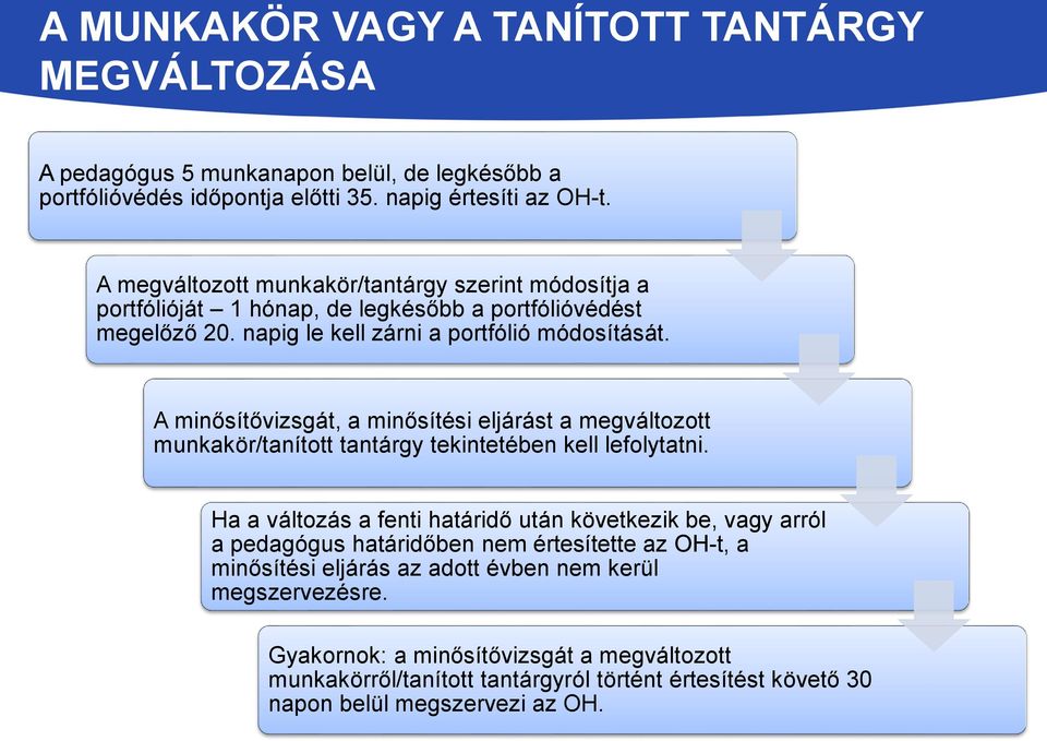 A minősítővizsgát, a minősítési eljárást a megváltozott munkakör/tanított tantárgy tekintetében kell lefolytatni.