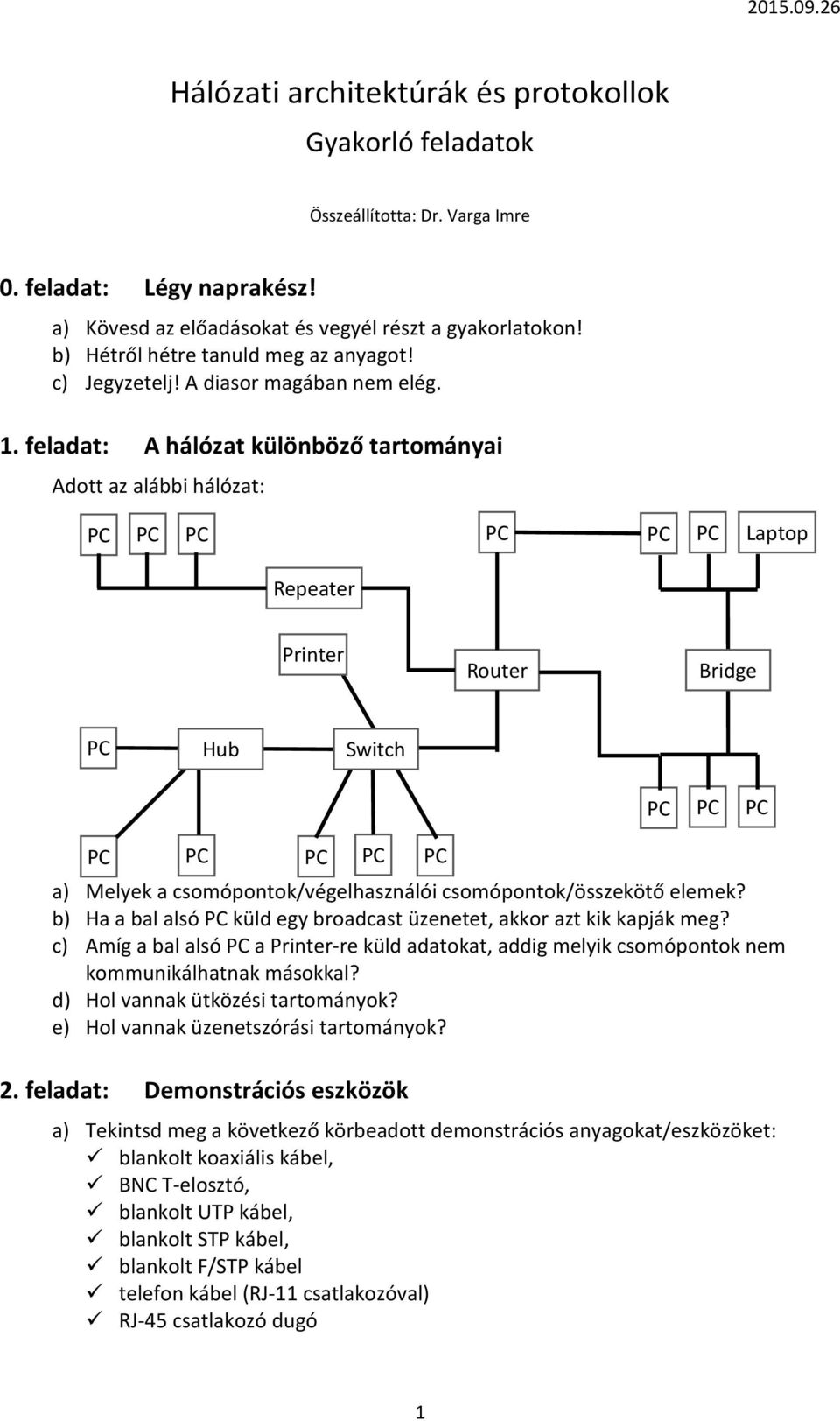 feladat: A hálózat különböző tartományai Adott az alábbi hálózat: Laptop Repeater Printer Router Bridge Hub Switch a) Melyek a csomópontok/végelhasználói csomópontok/összekötő elemek?