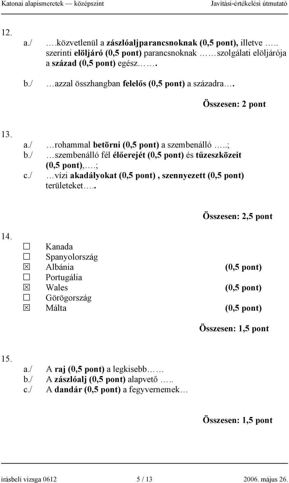 ; vízi akadályokat (0,5 pont), szennyezett (0,5 pont) területeket.. Összesen: 2,5 pont 14.