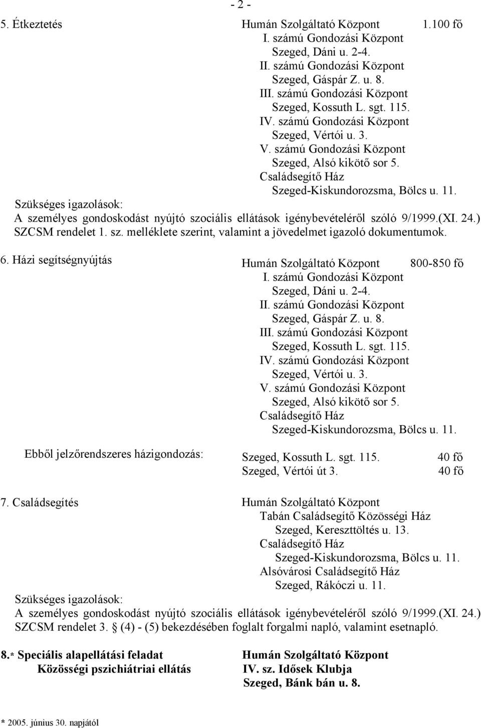 rtói u. 3. V. számú Gondozási Központ Szeged, Alsó kikötő sor 5. Ebből jelzőrendszeres házigondozás: Szeged, Vértói út 3. 40 fő 40 fő 7.
