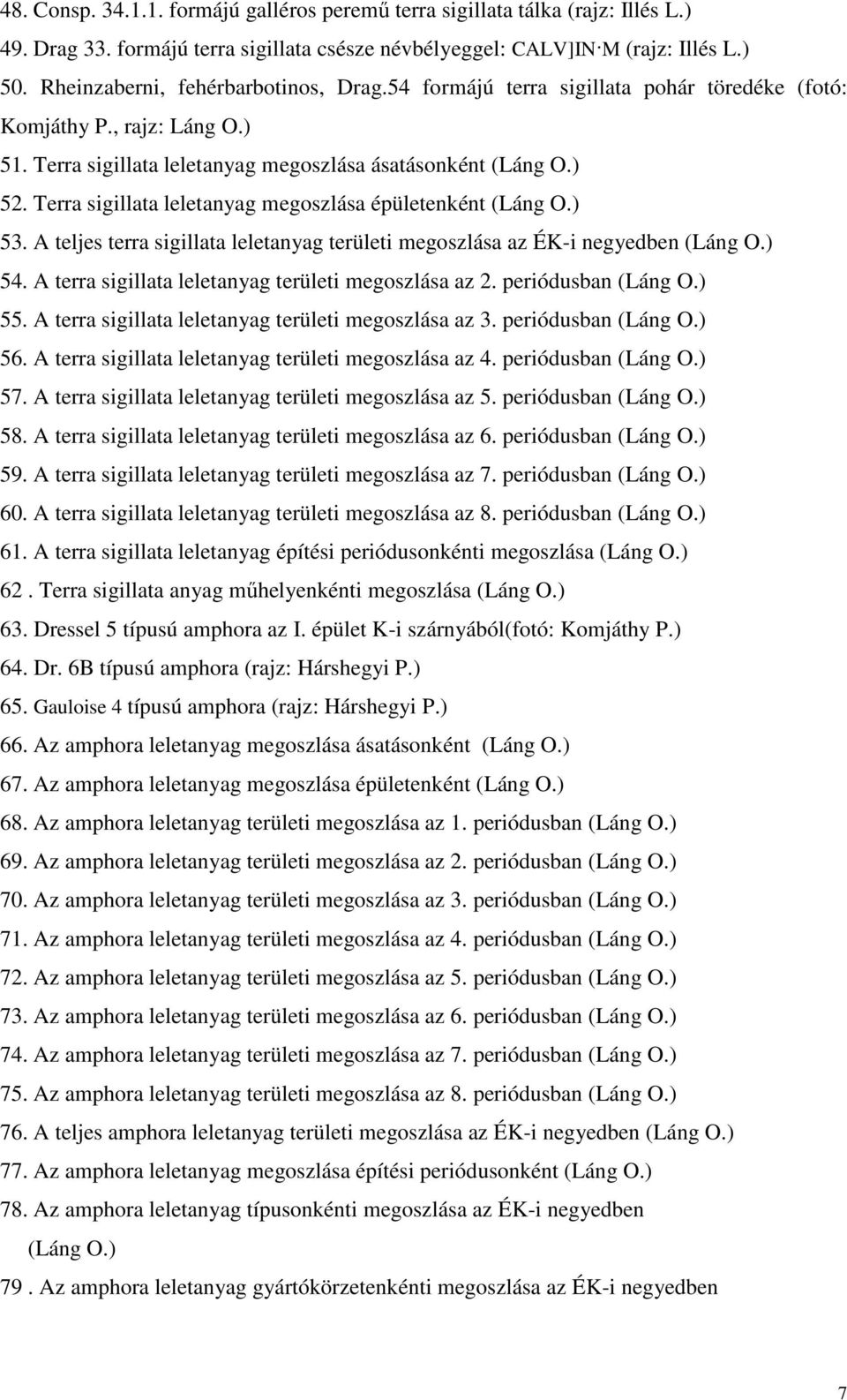 Terra sigillata leletanyag megoszlása épületenként (Láng O.) 53. A teljes terra sigillata leletanyag területi megoszlása az ÉK-i negyedben (Láng O.) 54.