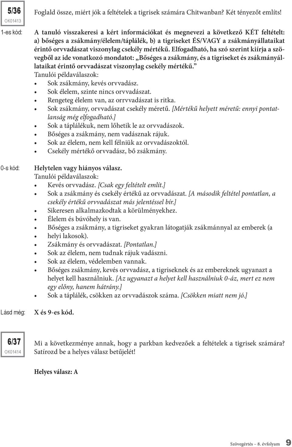 csekély mértékű. Elfogadható, ha szó szerint kiírja a szövegből az ide vonatkozó mondatot: Bőséges a zsákmány, és a tigriseket és zsákmányállataikat érintő orvvadászat viszonylag csekély mértékű.