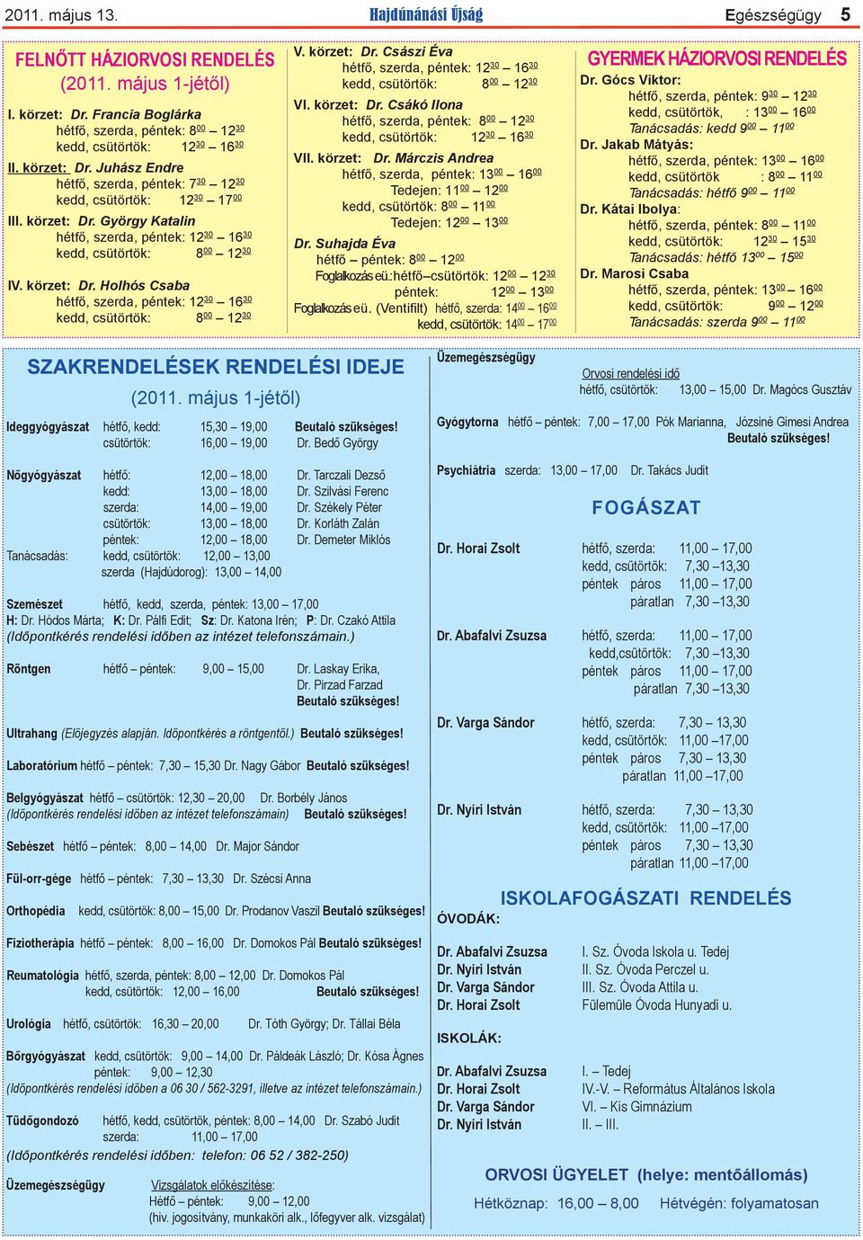 körzet: Dr. Császi Éva hétfő, szerda, péntek: 12 30 16 30 kedd, csütörtök: 8 00 12 30 vi. körzet: Dr.