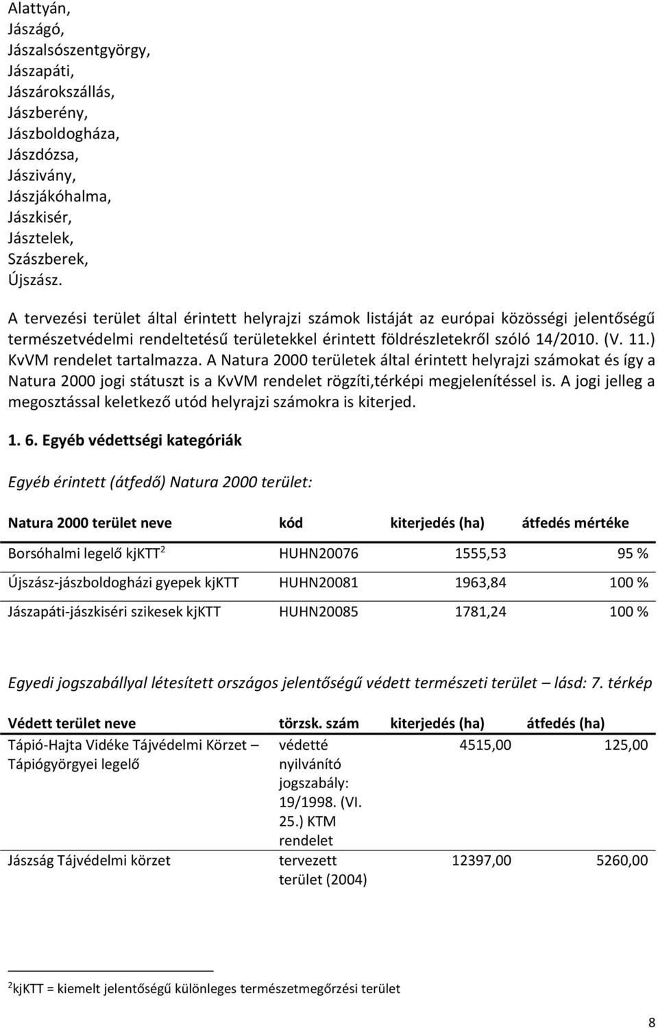 ) KvVM rendelet tartalmazza. A Natura 2000 területek által érintett helyrajzi számokat és így a Natura 2000 jogi státuszt is a KvVM rendelet rögzíti,térképi megjelenítéssel is.