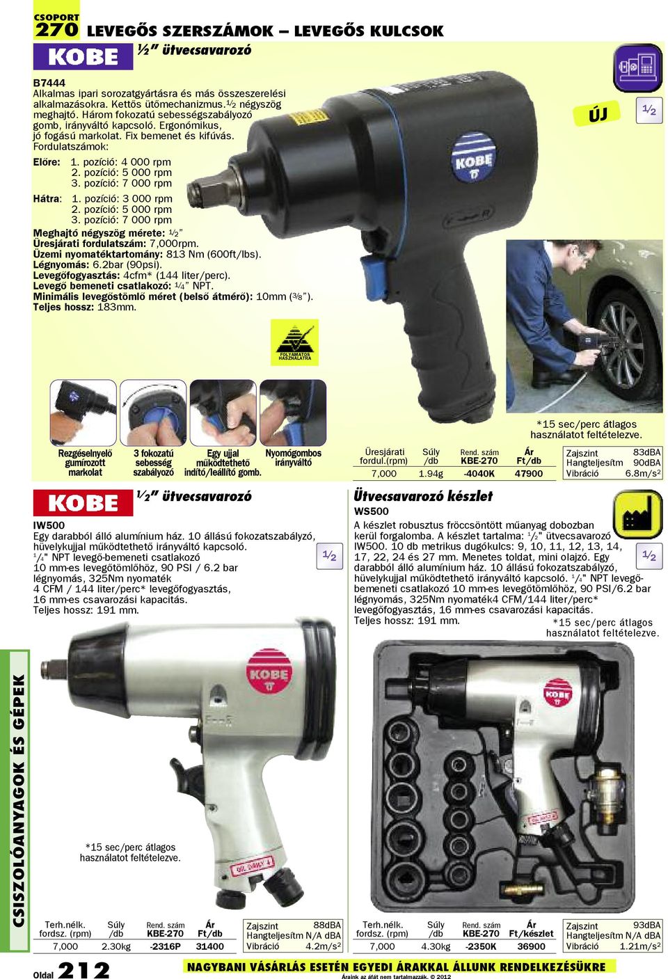 pozíció: 7 000 rpm Hátra: 1. pozíció: 3 000 rpm 2. pozíció: 5 000 rpm 3. pozíció: 7 000 rpm Meghajtó négyszög mérete: 1/ 2 Üresjárati fordulatszám: 7,000rpm.