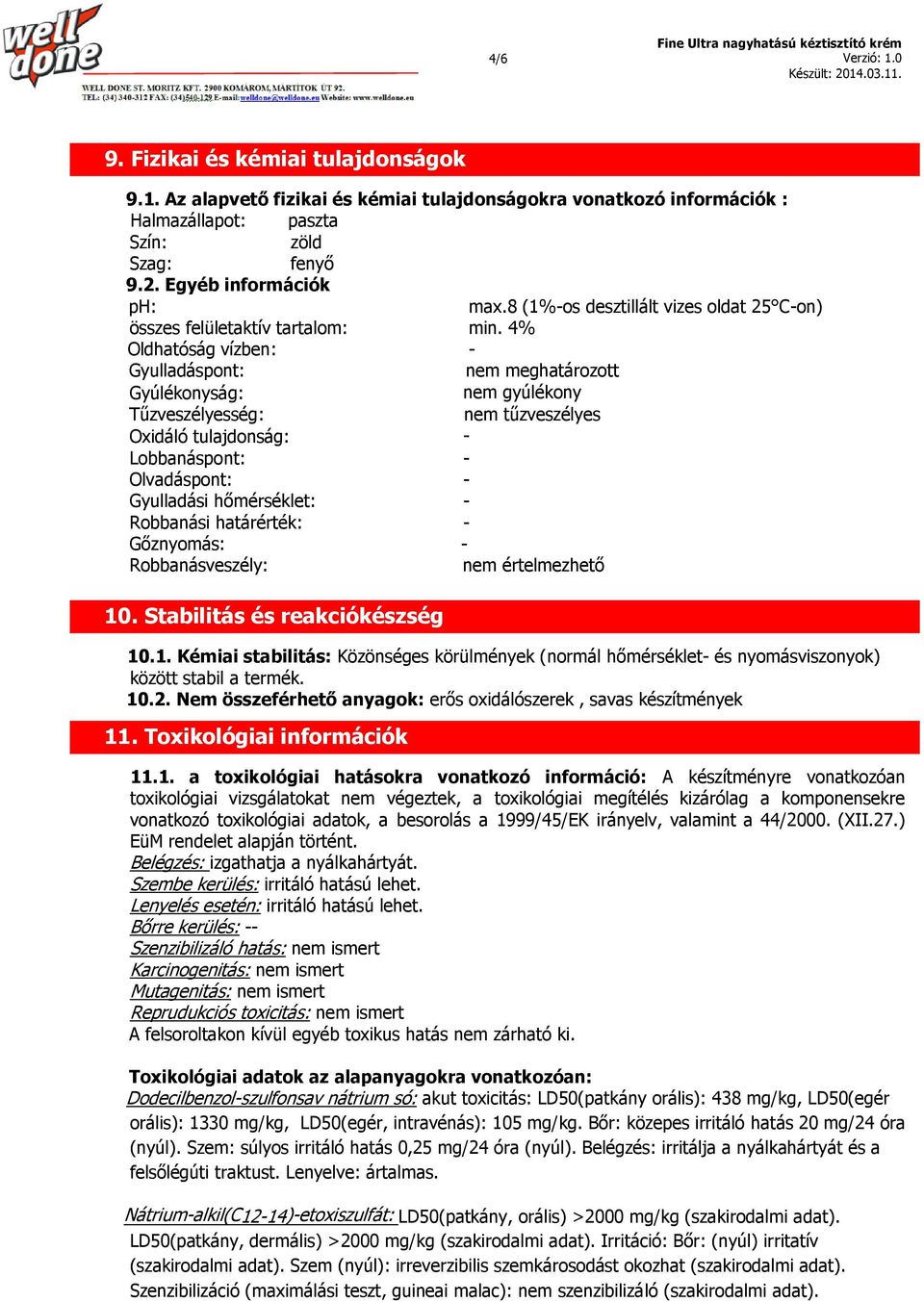 4% Oldhatóság vízben: - Gyulladáspont: nem meghatározott Gyúlékonyság: nem gyúlékony Tűzveszélyesség: nem tűzveszélyes Oxidáló tulajdonság: - Lobbanáspont: - Olvadáspont: - Gyulladási hőmérséklet: -