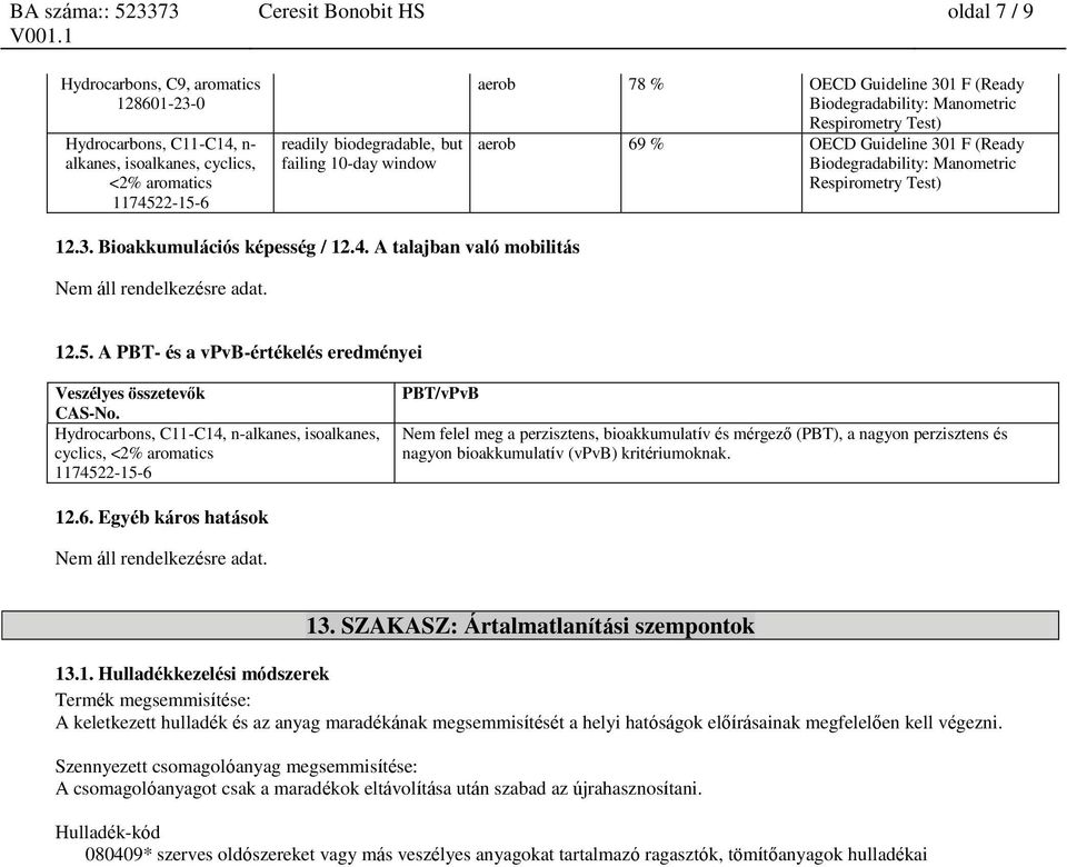 A talajban való mobilitás Nem áll rendelkezésre adat. 12.5. A PBT- és a vpvb-értékelés eredményei CAS-No.