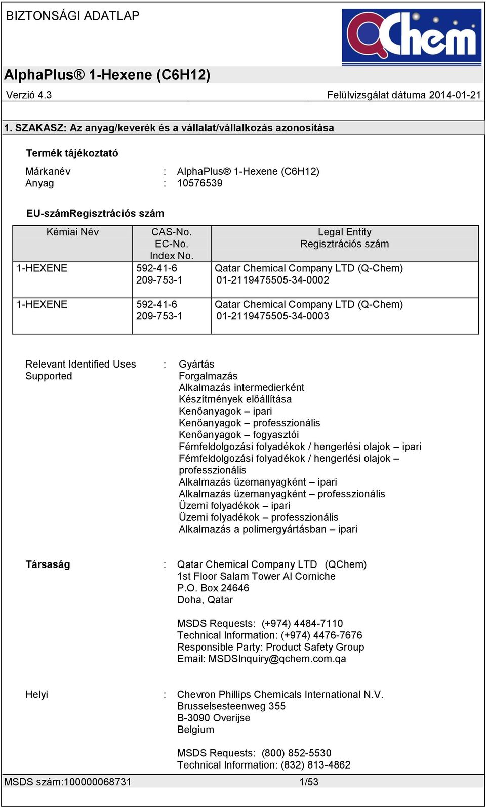 1-HEXENE 592-41-6 209-753-1 1-HEXENE 592-41-6 209-753-1 Legal Entity Regisztrációs szám Qatar Chemical Company LTD (Q-Chem) 01-2119475505-34-0002 Qatar Chemical Company LTD (Q-Chem)