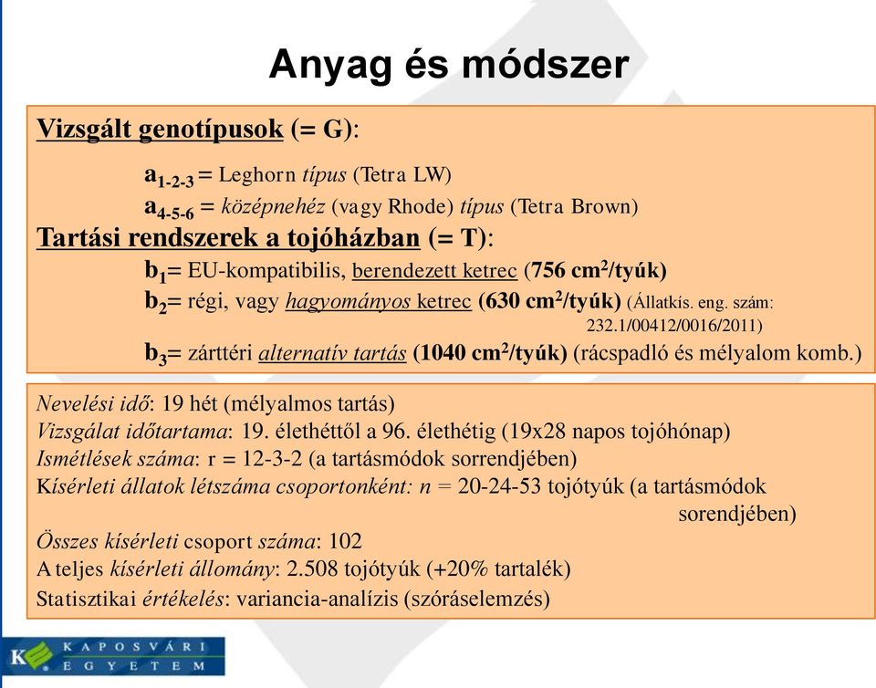 1/00412/0016/2011) b 3 = zárttéri alternatív tartás (1040 cm 2 /tyúk) (rácspadló és mélyalom komb.) Nevelési idő: 19 hét (mélyalmos tartás) Vizsgálat időtartama: 19. élethéttől a 96.