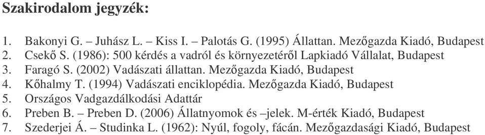 Mezgazda Kiadó, Budapest 4. Khalmy T. (1994) Vadászati enciklopédia. Mezgazda Kiadó, Budapest 5.