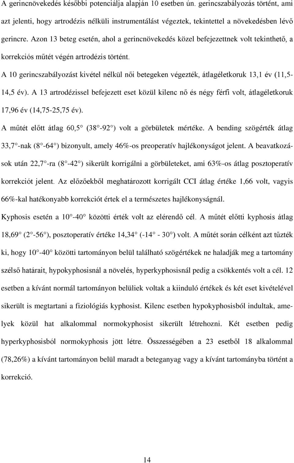 A 10 gerincszabályozást kivétel nélkül női betegeken végezték, átlagéletkoruk 13,1 év (11,5-14,5 év).