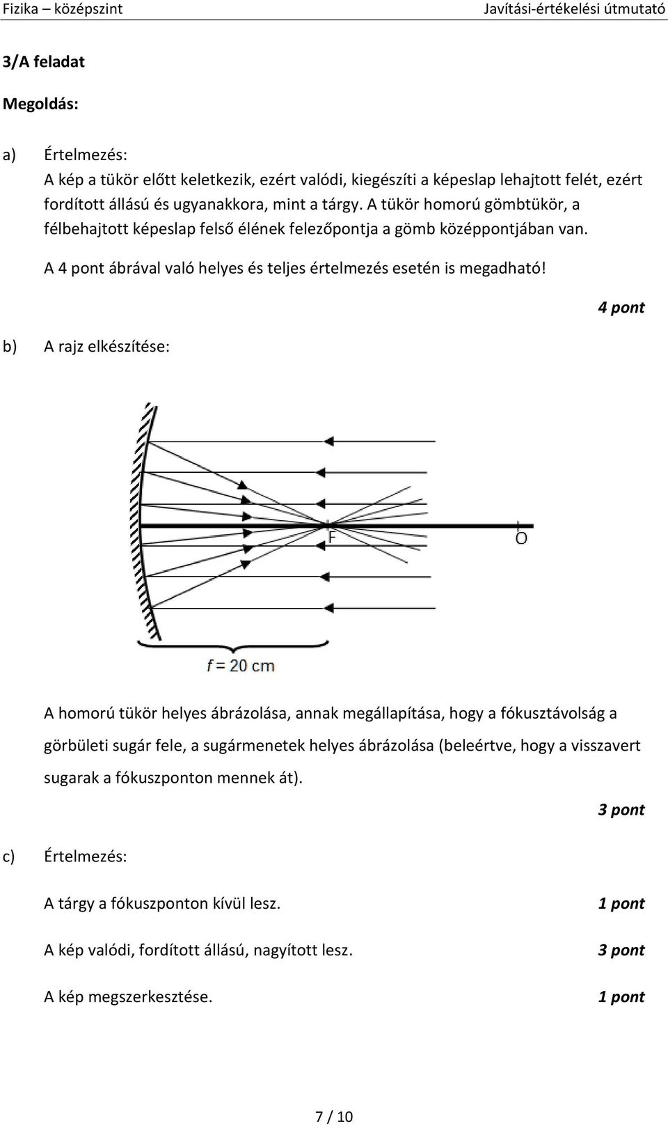 b) A rajz elkézítée: 4 pont A homorú tükör helye ábrázoláa, annak megállapítáa, hogy a fókuztávolág a görbületi ugár fele, a ugármenetek helye ábrázoláa (beleértve, hogy