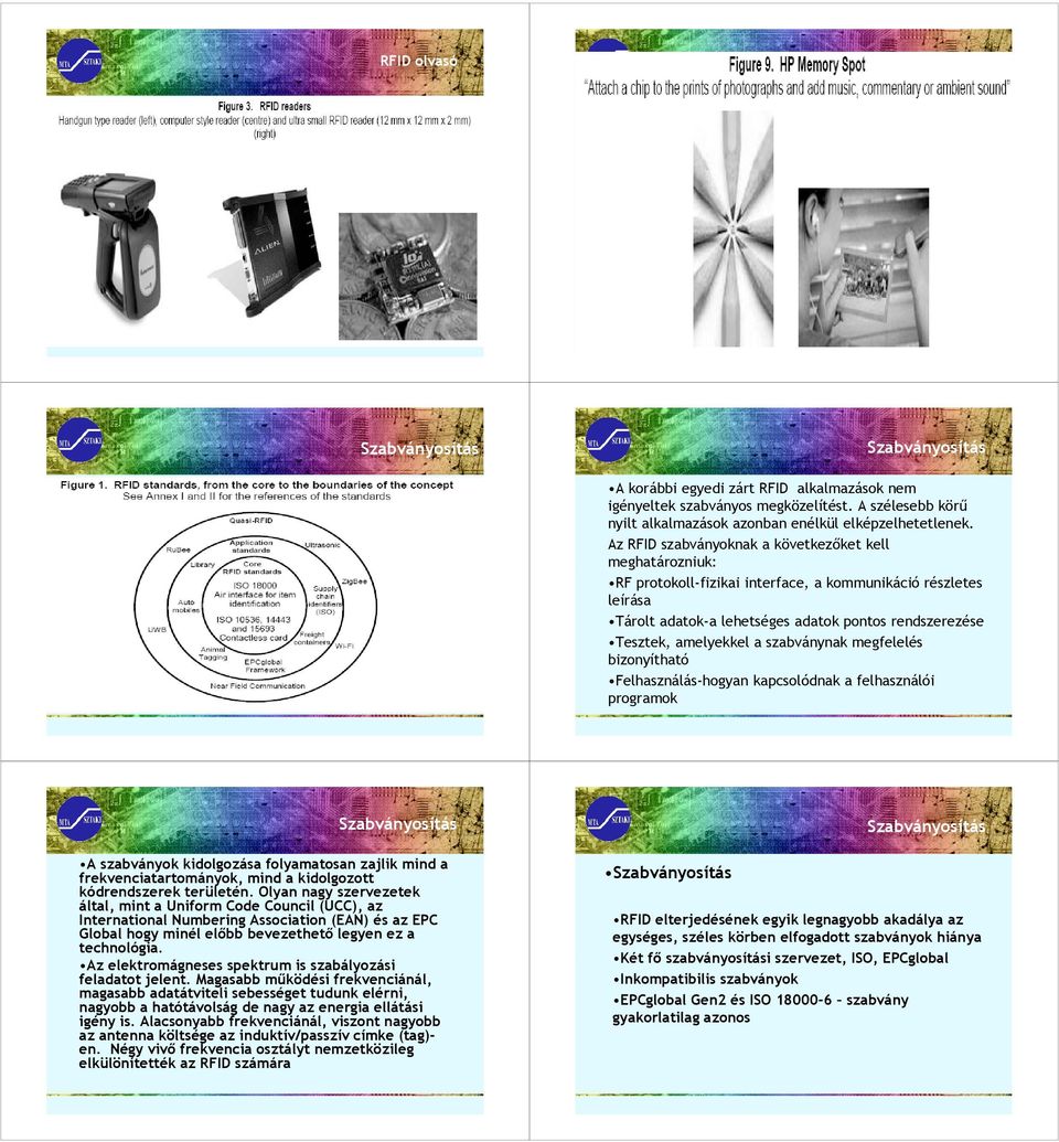 szabványnak megfelelés bizonyítható Felhasználás-hogyan kapcsolódnak a felhasználói programok Szabványosítás A szabványok kidolgozása folyamatosan zajlik mind a frekvenciatartományok, mind a