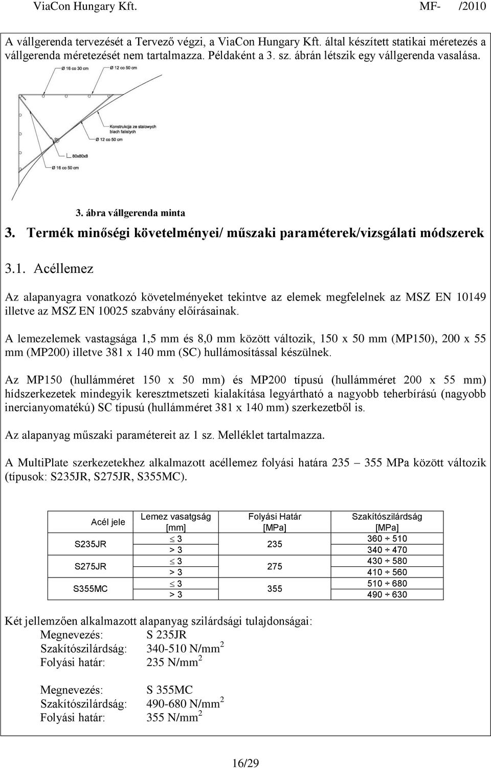 Acéllemez Az alapanyagra vonatkozó követelményeket tekintve az elemek megfelelnek az MSZ EN 10149 illetve az MSZ EN 10025 szabvány előírásainak.