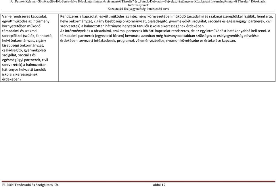 Rendszeres a kapcsolat, együttműködés az intézmény környezetében működő társadalmi és szakmai szereplőkkel (szülők, fenntartó, helyi önkormányzat, cigány kisebbségi önkormányzat, családsegítő,