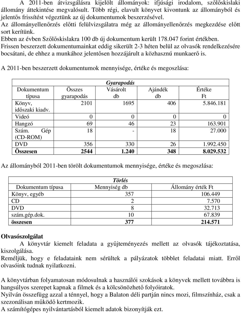 Az állományellenırzés elıtti felülvizsgálatra még az állományellenırzés megkezdése elıtt sort kerítünk. Ebben az évben Szılıskislakra 100 db új dokumentum került 178.047 forint értékben.