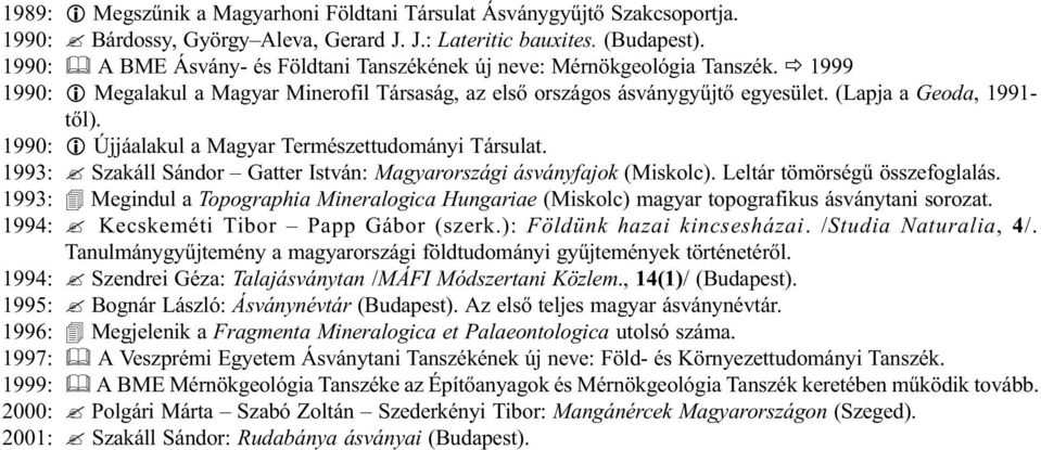 (Lapja a Geoda, 1991- tõl). 1990: i Újjáalakul a Magyar Természettudományi Társulat. 1993:? Szakáll Sándor Gatter István: Magyarországi ásványfajok (Miskolc). Leltár tömörségû összefoglalás.