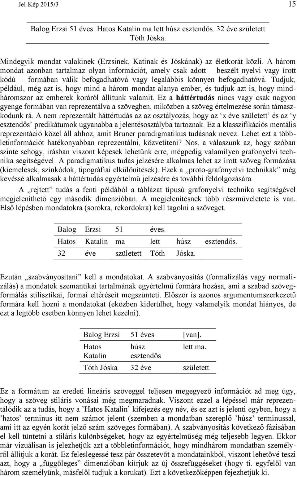 Tudjuk, például, még azt is, hogy mind a három mondat alanya ember, és tudjuk azt is, hogy mindháromszor az emberek koráról állítunk valamit.