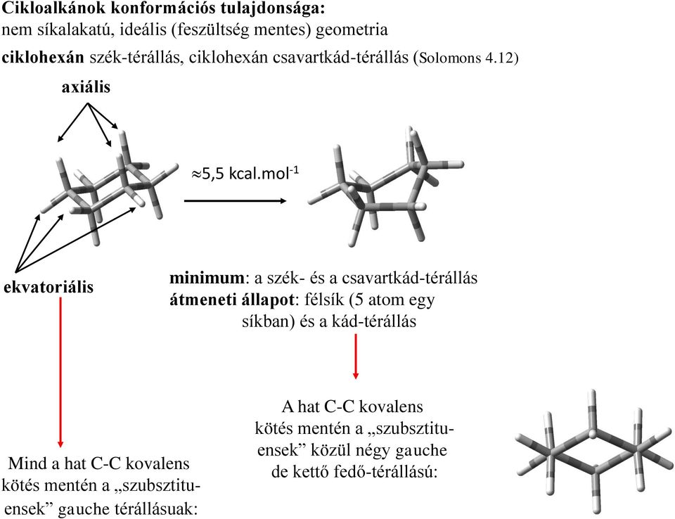 mol -1 ekvatoriális minimum: a szék- és a csavartkád-térállás átmeneti állapot: félsík (5 atom egy síkban) és a