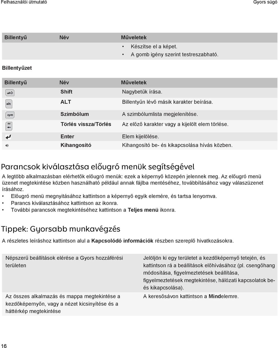 Az előző karakter vagy a kijelölt elem törlése. Elem kijelölése. Kihangosító be- és kikapcsolása hívás közben.