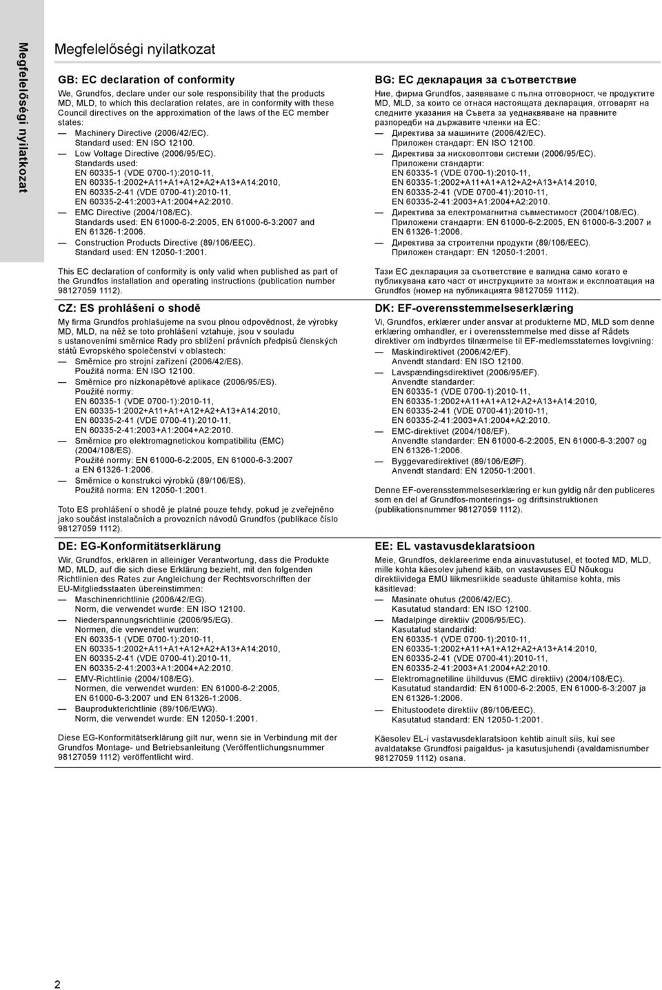 Low Voltage Directive (2006/95/EC). Standards used: EN 60335-2-41:2003+A1:2004+A2:2010. EMC Directive (2004/108/EC). Standards used: EN 61000-6-2:2005, EN 61000-6-3:2007 and EN 61326-1:2006.