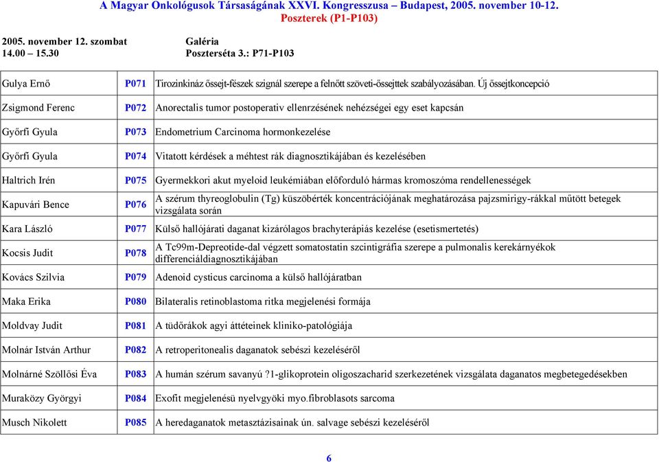 kérdések a méhtest rák diagnosztikájában és kezelésében Haltrich Irén P075 Gyermekkori akut myeloid leukémiában előforduló hármas kromoszóma rendellenességek Kapuvári Bence P076 A szérum