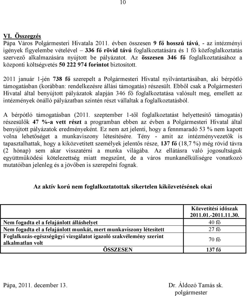 Az összesen 346 fő foglalkoztatásához a központi költségvetés 50 974 forintot biztosított.