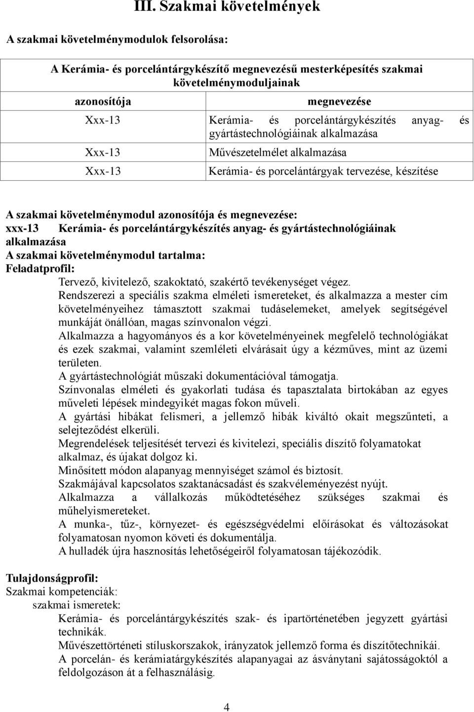 azonosítója és megnevezése: xxx-13 Kerámia- és porcelántárgykészítés anyag- és gyártástechnológiáinak alkalmazása A szakmai követelménymodul tartalma: Feladatprofil: Tervező, kivitelező, szakoktató,