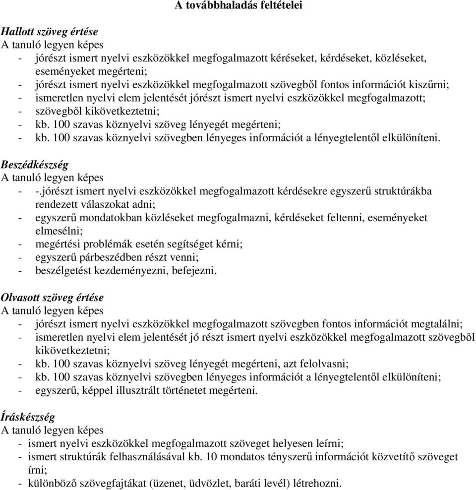 100 szavas köznyelvi szöveg lényegét megérteni; - kb. 100 szavas köznyelvi szövegben lényeges információt a lényegtelentől elkülöníteni. Beszédkészség A tanuló legyen képes - -.