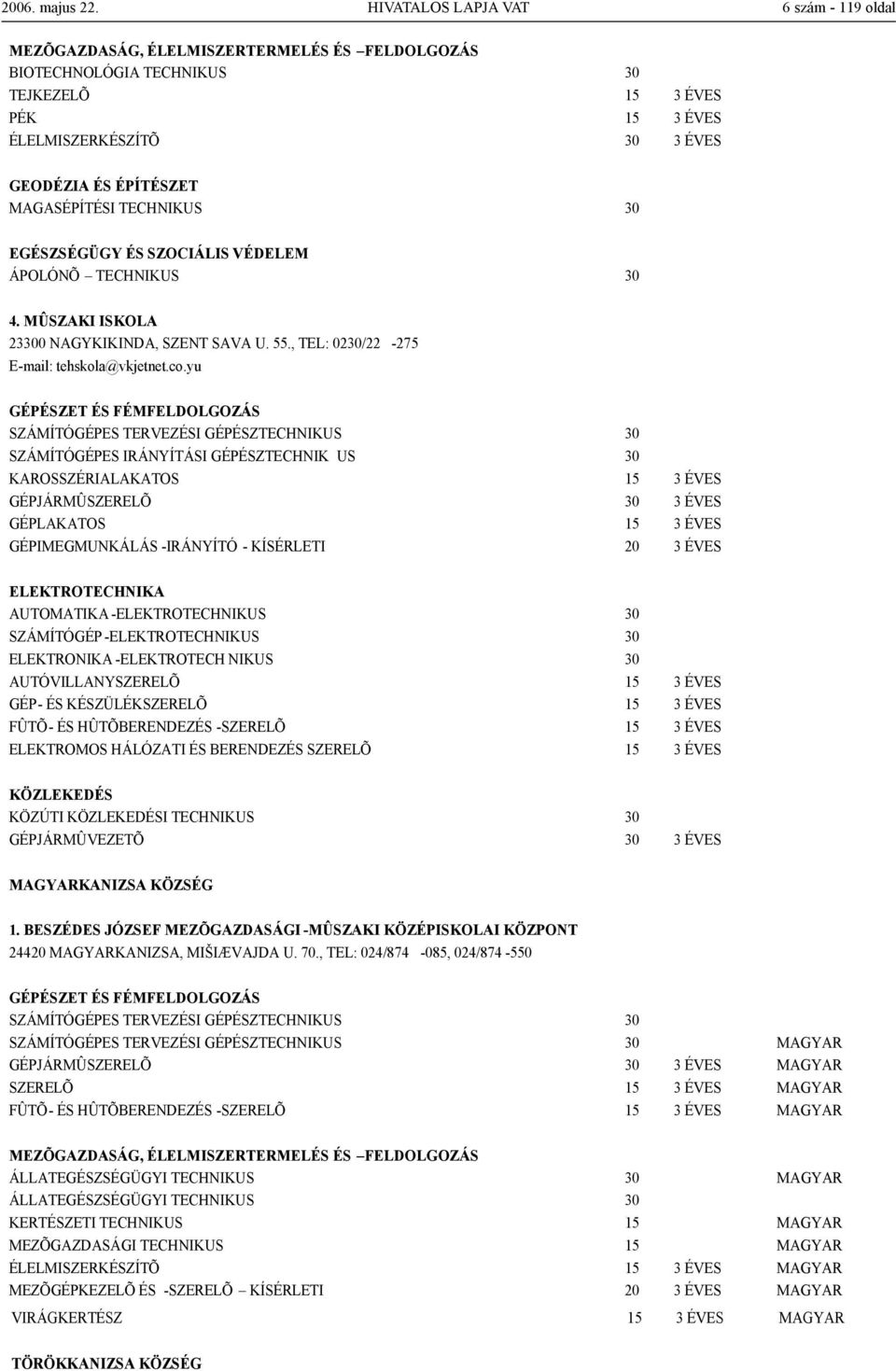 MAGASÉPÍTÉSI TECHNIKUS 30 EGÉSZSÉGÜGY ÉS SZOCIÁLIS VÉDELEM ÁPOLÓNÕ TECHNIKUS 30 4. MÛSZAKI ISKOLA 23300 NAGYKIKINDA, SZENT SAVA U. 55., TEL: 0230/22-275 E-mail: tehskola@vkjetnet.co.