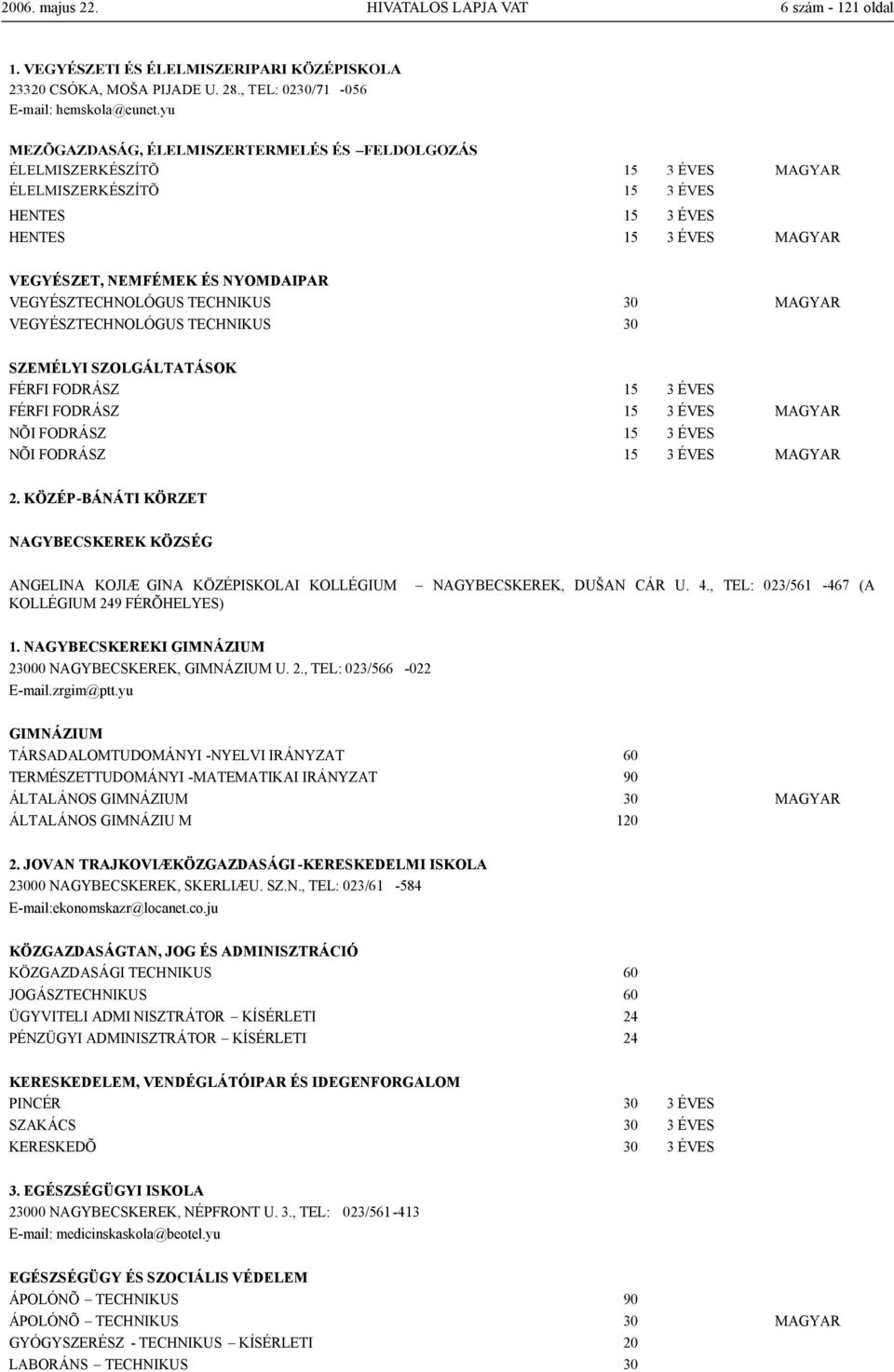 VEGYÉSZTECHNOLÓGUS TECHNIKUS 30 MAGYAR VEGYÉSZTECHNOLÓGUS TECHNIKUS 30 SZEMÉLYI SZOLGÁLTATÁSOK FÉRFI FODRÁSZ 15 3 ÉVES FÉRFI FODRÁSZ 15 3 ÉVES MAGYAR NÕI FODRÁSZ 15 3 ÉVES NÕI FODRÁSZ 15 3 ÉVES