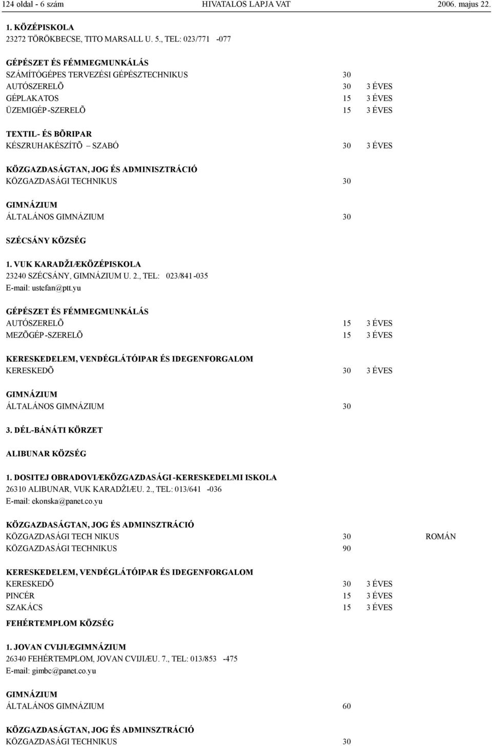 JOG ÉS ADMINISZTRÁCIÓ KÖZGAZDASÁGI TECHNIKUS 30 ÁLTALÁNOS 30 SZÉCSÁNY KÖZSÉG 1. VUK KARADŽIÆKÖZÉPISKOLA 23240 SZÉCSÁNY, U. 2., TEL: 023/841-035 E-mail: ustefan@ptt.