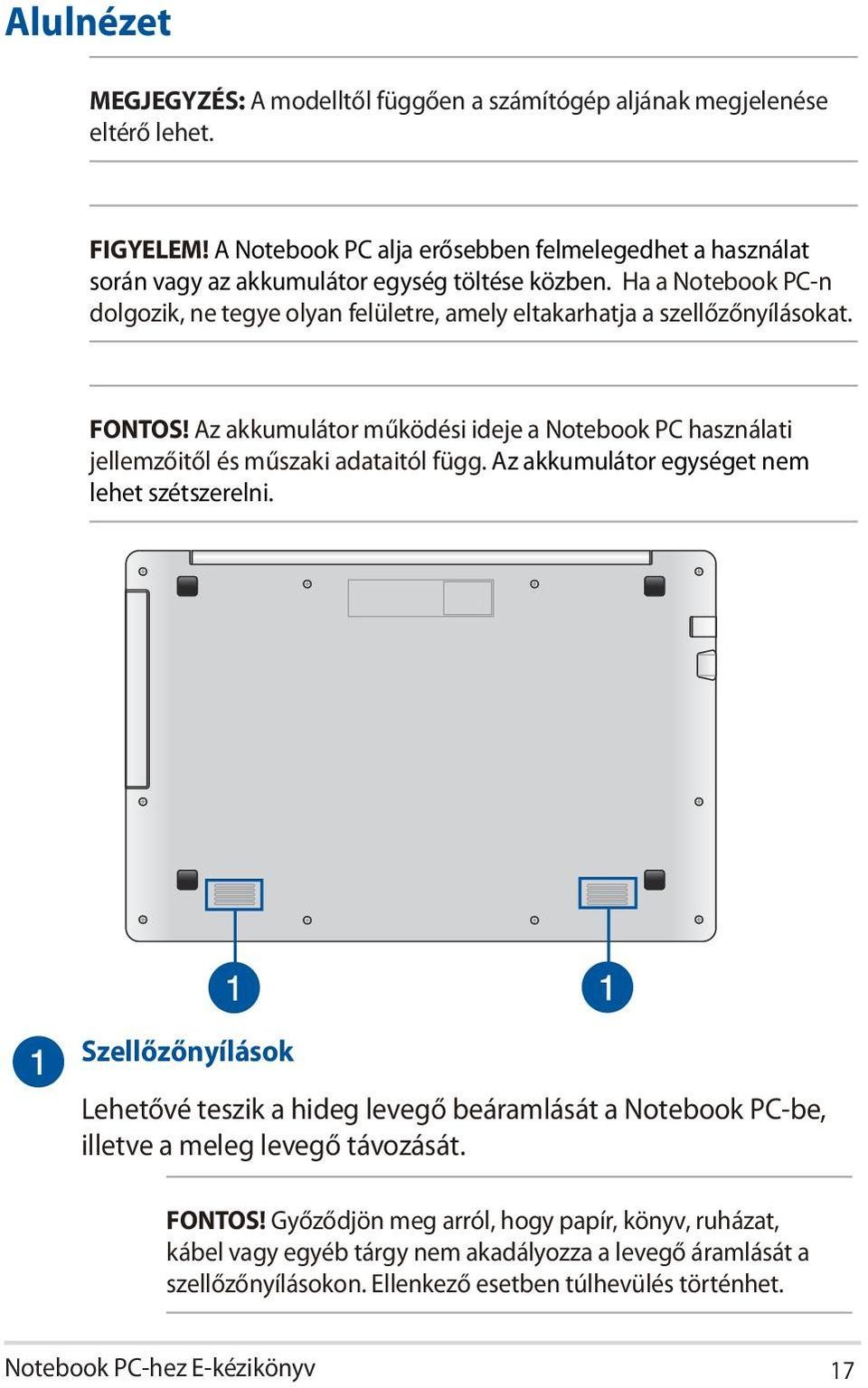 Ha a Notebook PC-n dolgozik, ne tegye olyan felületre, amely eltakarhatja a szellőzőnyílásokat. FONTOS!