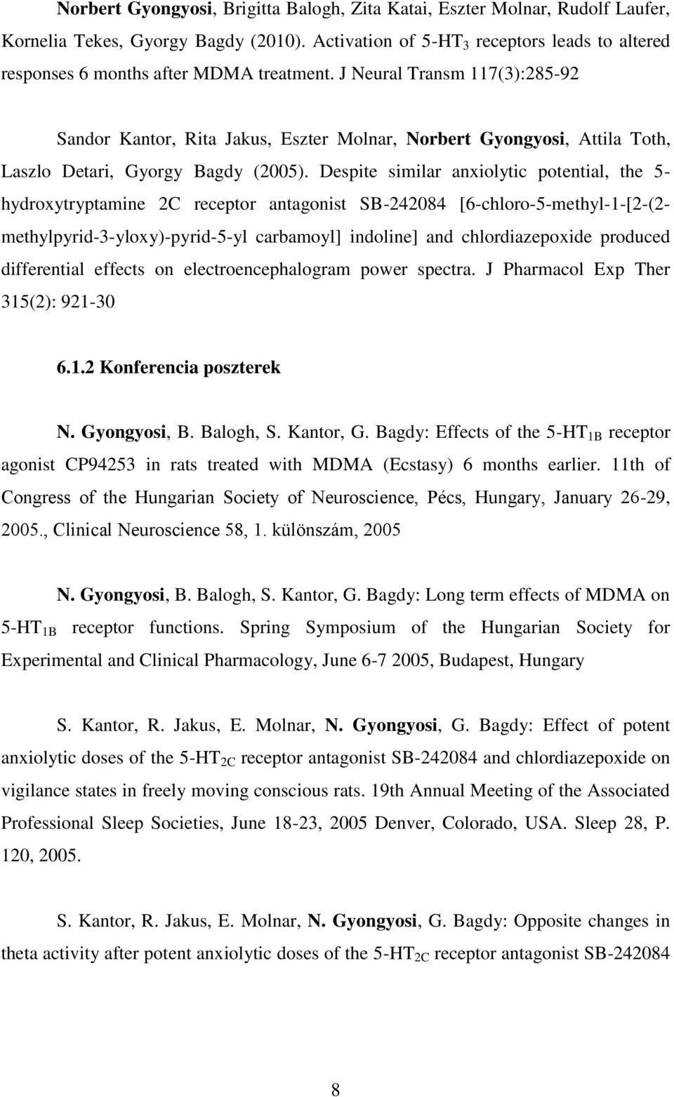 J Neural Transm 117(3):285-92 Sandor Kantor, Rita Jakus, Eszter Molnar, Norbert Gyongyosi, Attila Toth, Laszlo Detari, Gyorgy Bagdy (2005).