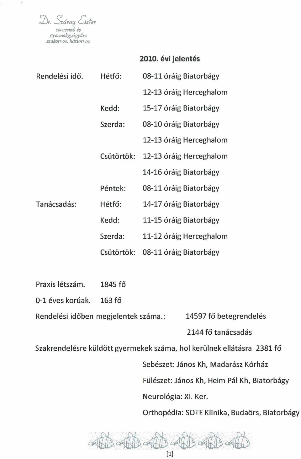 08-11 óráig Biatrbágy Tanácsadás: Hétfő: 14-17 óráig Biatrbágy Kedd: 11-15 óráig Biatrbágy Szerda: 11-12 óráig Herceghalm Csütörtök: 08-11 óráig Biatrbágy Praxis létszám. 1845 fő 0-1 éves krúak.