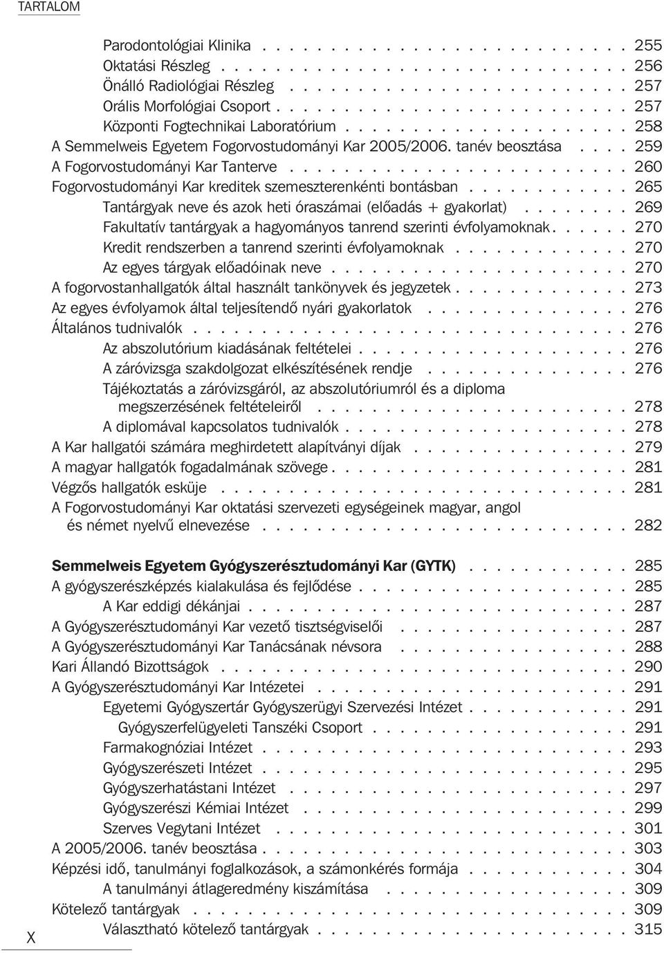 ........................ 260 Fogorvostudományi Kar kreditek szemeszterenkénti bontásban............ 265 Tantárgyak neve és azok heti óraszámai (elõadás + gyakorlat).