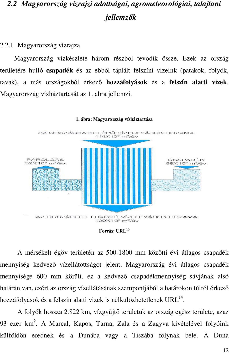 Magyarország vízháztartását az 1. ábra jellemzi. 1. ábra: Magyarország vízháztartása Forrás: URL 13 A mérsékelt égöv területén az 500-1800 mm közötti évi átlagos csapadék mennyiség kedvező vízellátottságot jelent.