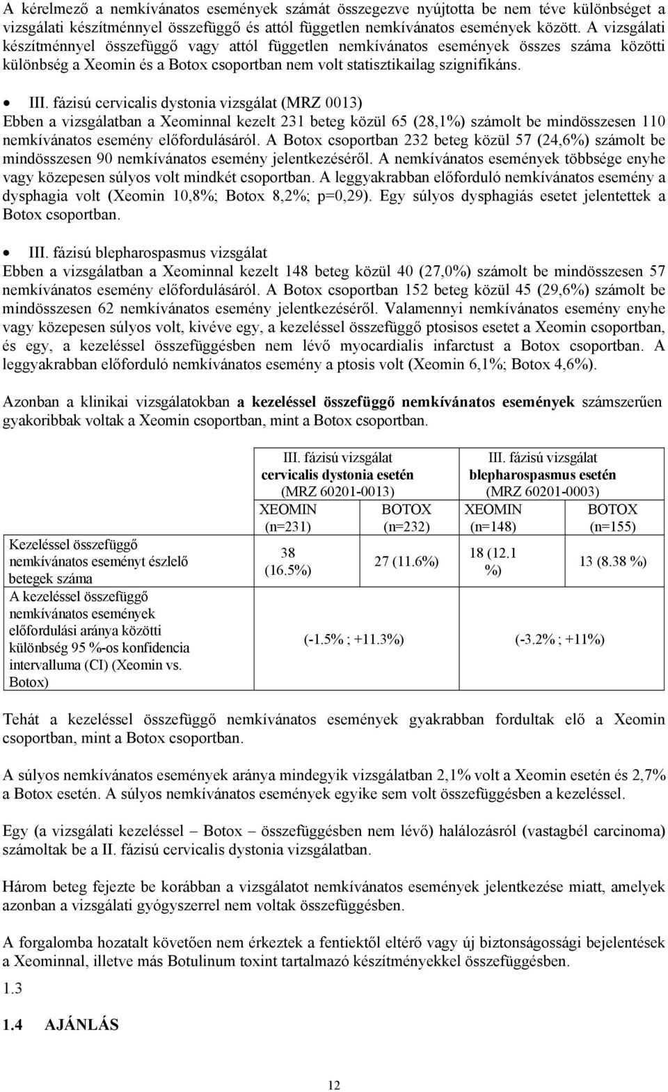 fázisú cervicalis dystonia vizsgálat (MRZ 0013) Ebben a vizsgálatban a Xeominnal kezelt 231 beteg közül 65 (28,1%) számolt be mindösszesen 110 nemkívánatos esemény előfordulásáról.