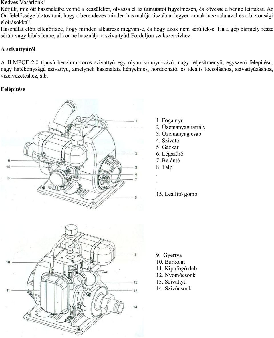 Használat előtt ellenőrizze, hogy minden alkatrész megvan-e, és hogy azok nem sérültek-e. Ha a gép bármely része sérült vagy hibás lenne, akkor ne használja a szivattyút! Forduljon szakszervizhez!