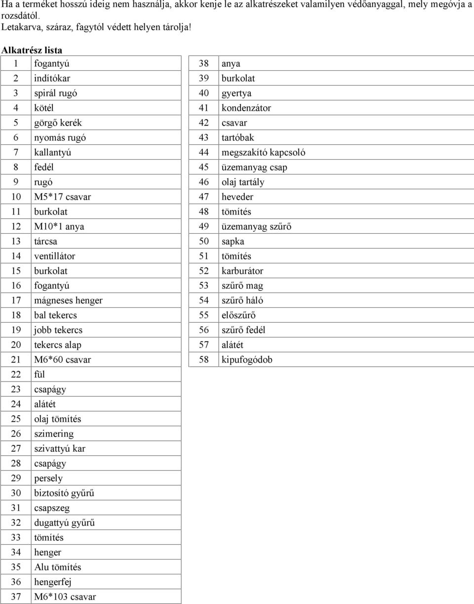 45 üzemanyag csap 9 rugó 46 olaj tartály 10 M5*17 csavar 47 heveder 11 burkolat 48 tömítés 12 M10*1 anya 49 üzemanyag szűrő 13 tárcsa 50 sapka 14 ventillátor 51 tömítés 15 burkolat 52 karburátor 16