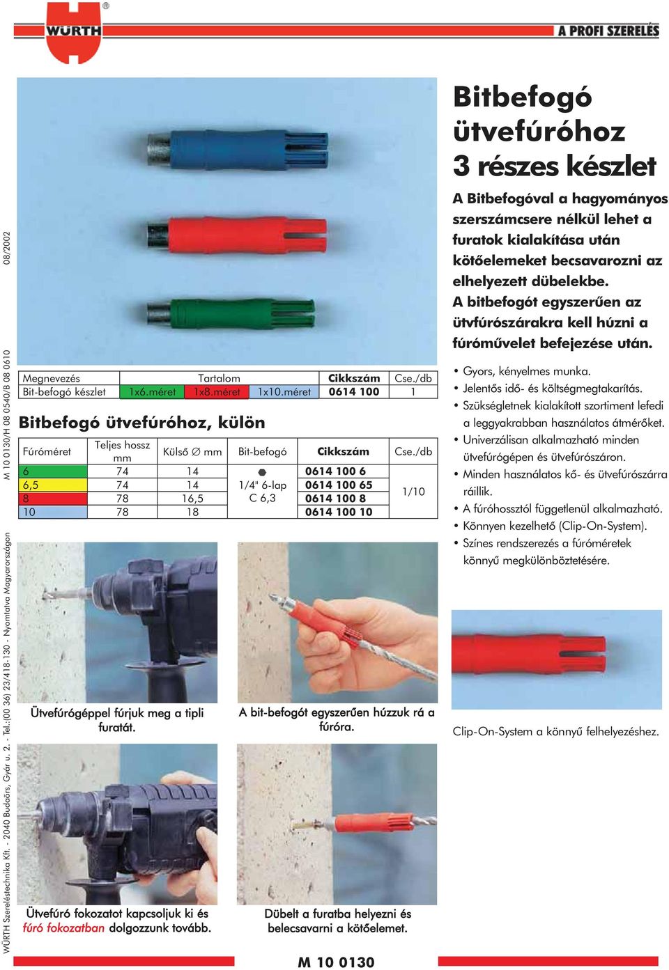 méret 064 00 Bitbefogó ütvefúróhoz, külön Fúróméret Teljes hossz Külsõ Bit-befogó 6 74 4 064 00 6 6,5 74 4 /4" 6-lap 064 00 65 8 78 6,5 C 6,3 064 00 8 /0 0 78 8 064 00 0 Ütvefúrógéppel fúrjuk meg a