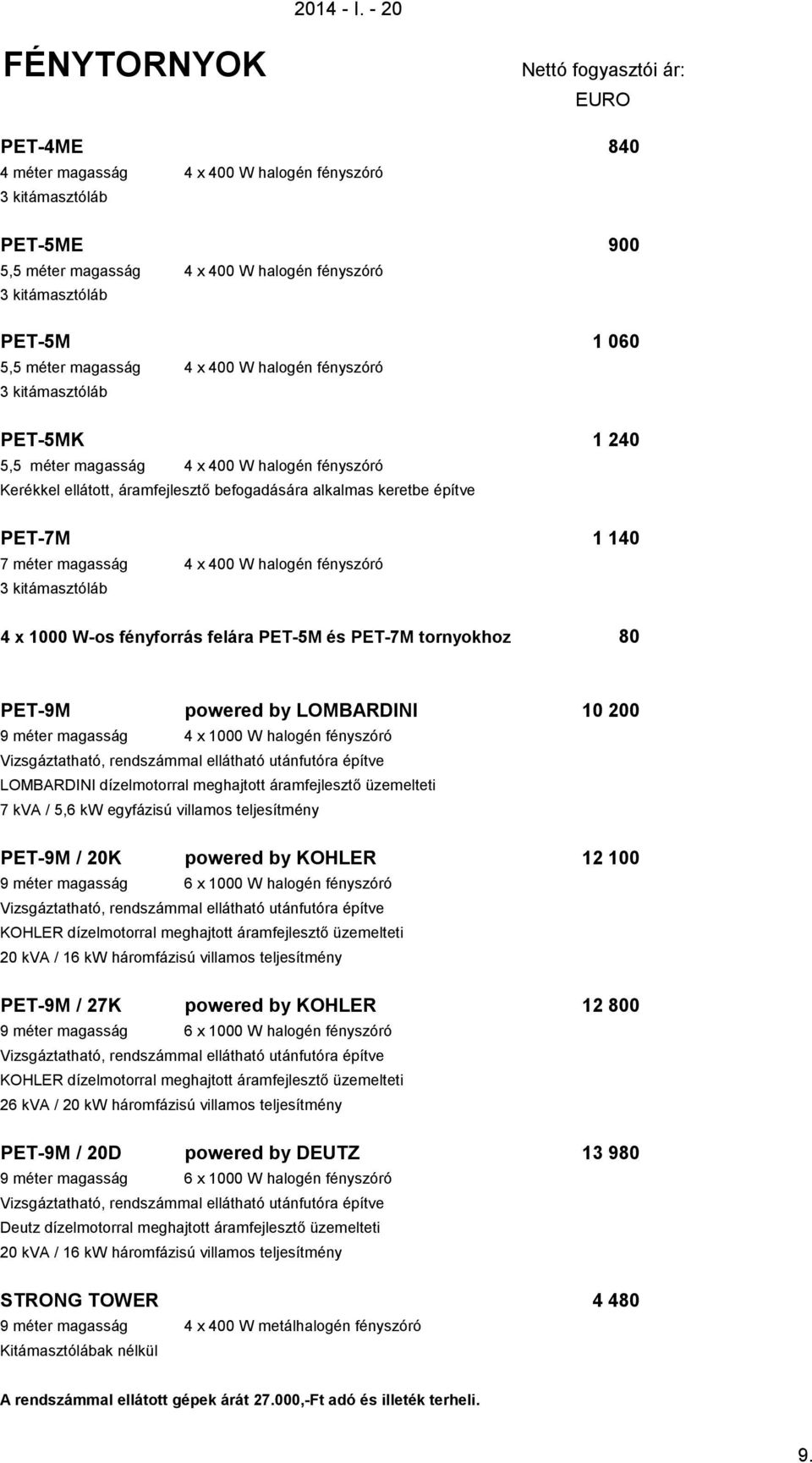 x 400 W halogén fényszóró 3 kitámasztóláb PET-5MK 1 240 5,5 méter magasság 4 x 400 W halogén fényszóró Kerékkel ellátott, áramfejlesztő befogadására alkalmas keretbe építve PET-7M 1 140 7 méter