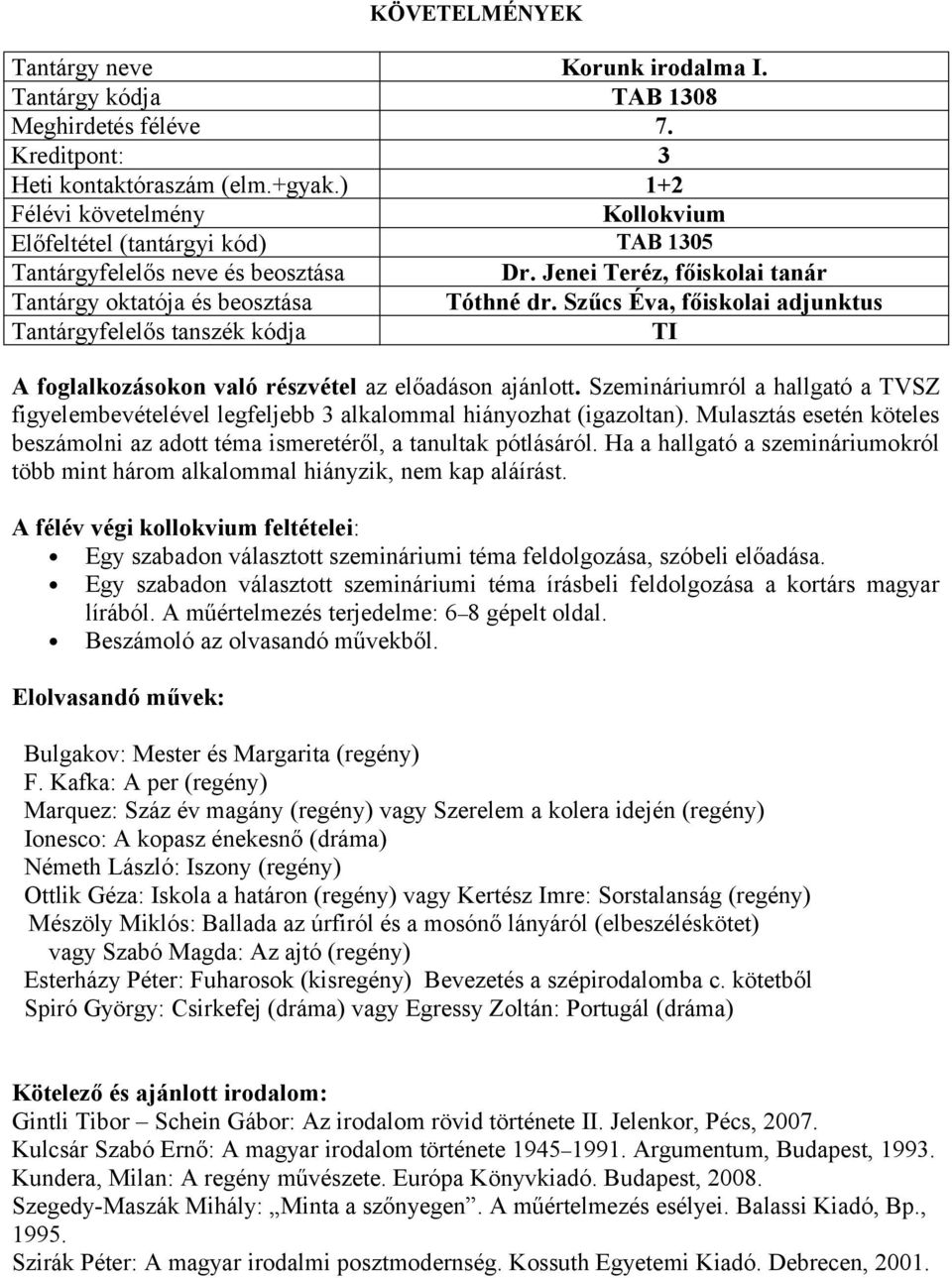 Mulasztás esetén köteles beszámolni az adott téma ismeretéről, a tanultak pótlásáról. Ha a hallgató a szemináriumokról több mint három alkalommal hiányzik, nem kap aláírást.