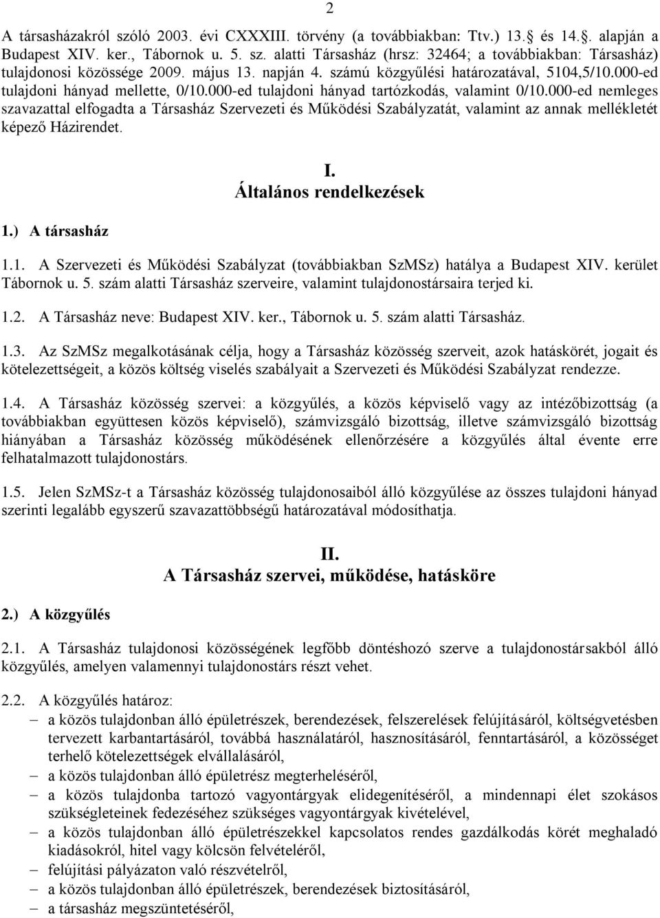 000-ed nemleges szavazattal elfogadta a Társasház Szervezeti és Működési Szabályzatát, valamint az annak mellékletét képező Házirendet. 1.