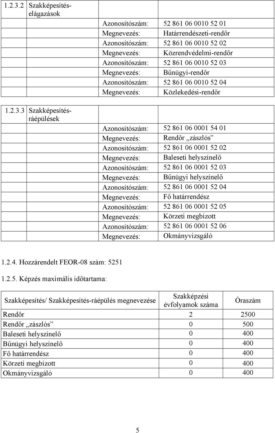 Azonosítószám: 52 861 06 0010 52 03 Megnevezés: Bűnügyi-rendőr Azonosítószám: 52 861 06 0010 52 04 Megnevezés: Közlekedési-rendőr Azonosítószám: 52 861 06 0001 54 01 Megnevezés: Rendőr zászlós